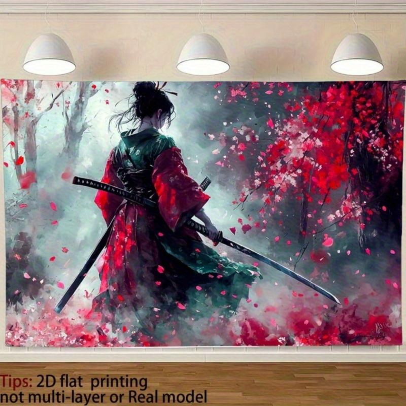 1pc, 2D flat, retro-style background banner depicting a female warrior, showcasing Japanese dreamlike landscape aesthetics, wsj