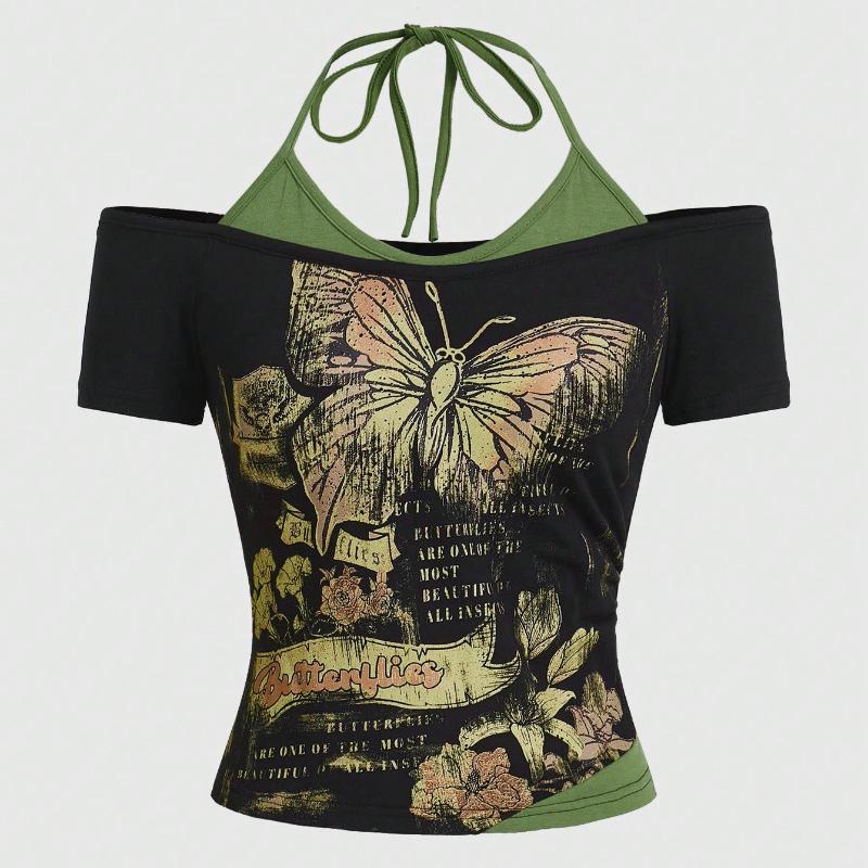 Y2K Summer Tight Butterfly Printed Fake Two Piece T-shirt