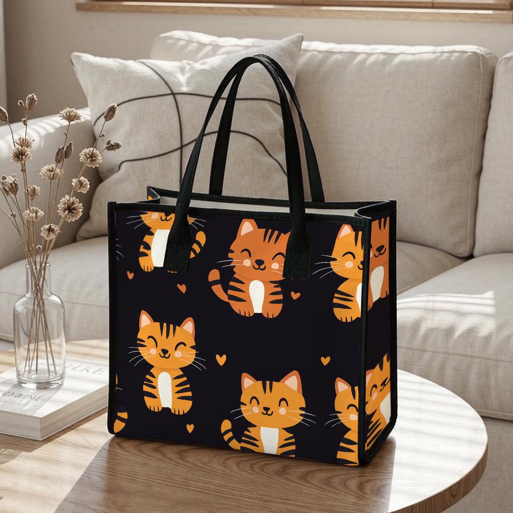 Cute Orange Cat Print Casual Handbag Lightweight Fashion Tote Bag for Daily Use