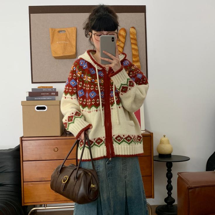 DIMANAF 2025 Übergröße Herbstpullover Reißverschlussmantel Strickjacke Taschen Damen Musterdruck Pullover Strick Rot Lockerer Pullover