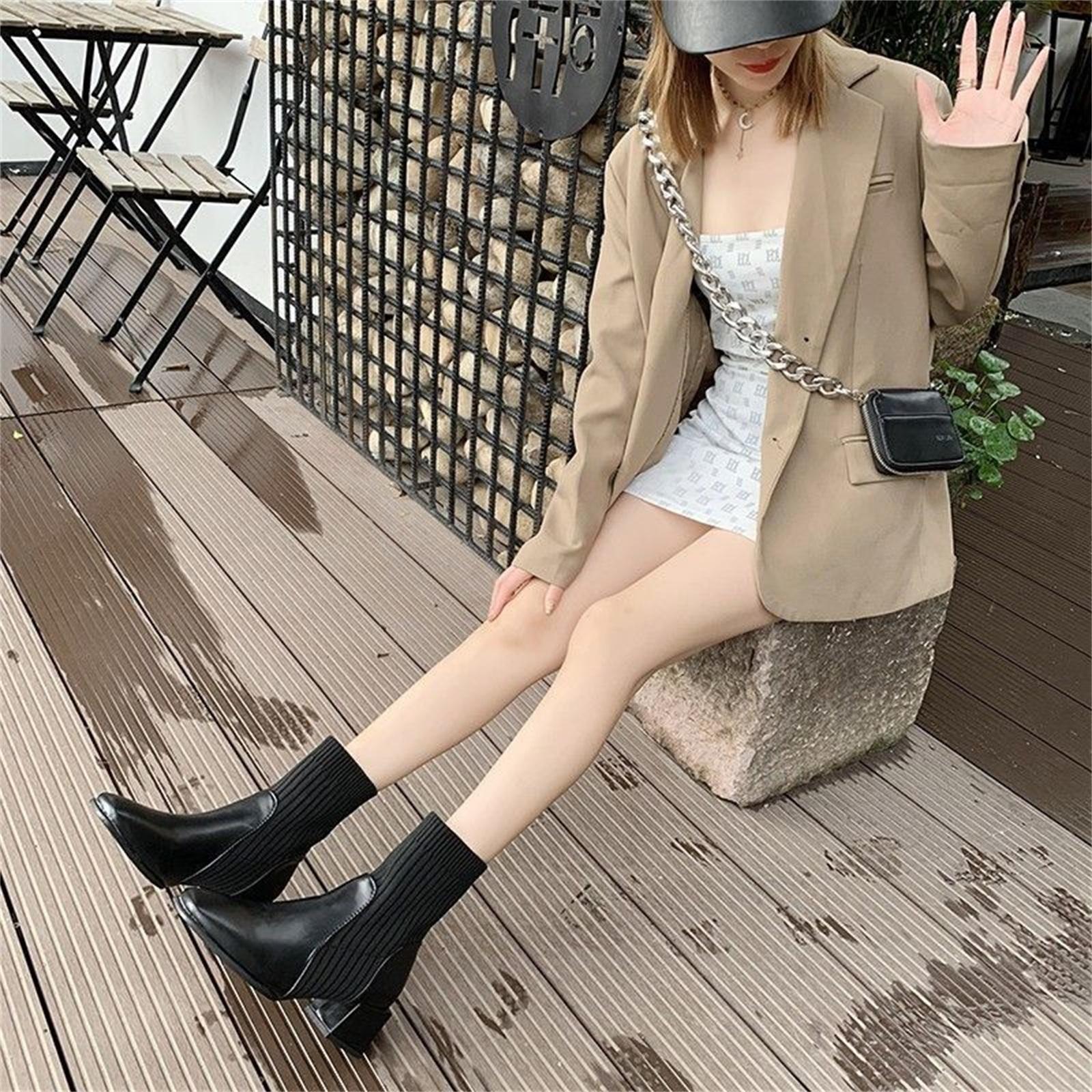 Women s Fashion Plus Size Square Toe Elastic Fashion Single Boots 37 чёрный