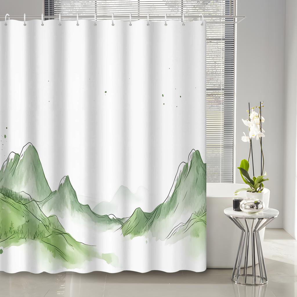 1pc Cartoon Watercolor Mountain Scenery Print Shower Curtain, Polyester Fabric with 12 Hooks, Bathroom Accessory