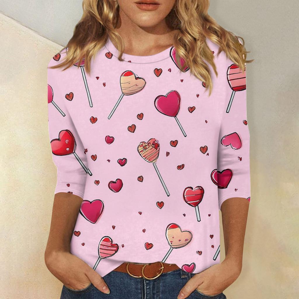 Women's Fashion Casual Round Neck 3/4 Sleeve Loose Printed T-Shirt Ladies Top