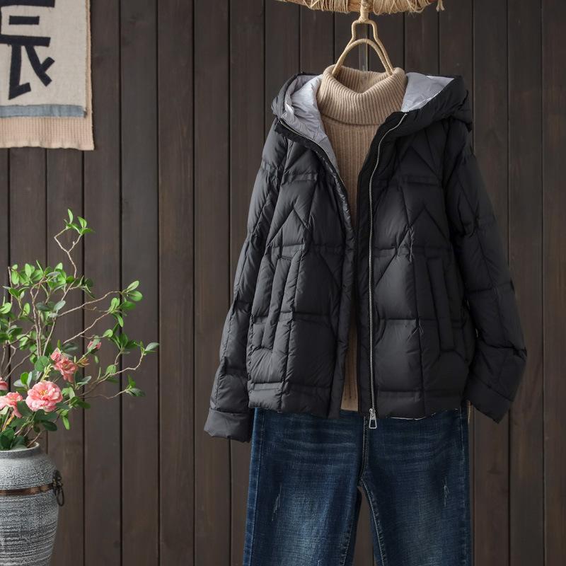 Winter new loose white duck down hooded down jacket women's casual fashion warm long-sleeved short jacket