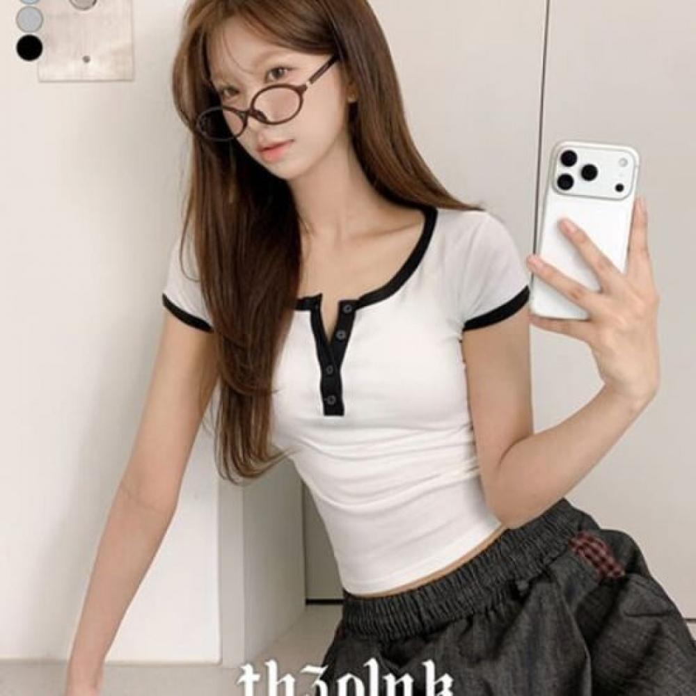 The Pink Slim FiT Color Block BUTTon Deep U Neck Ringer ShorT Sleeve T shirT 4