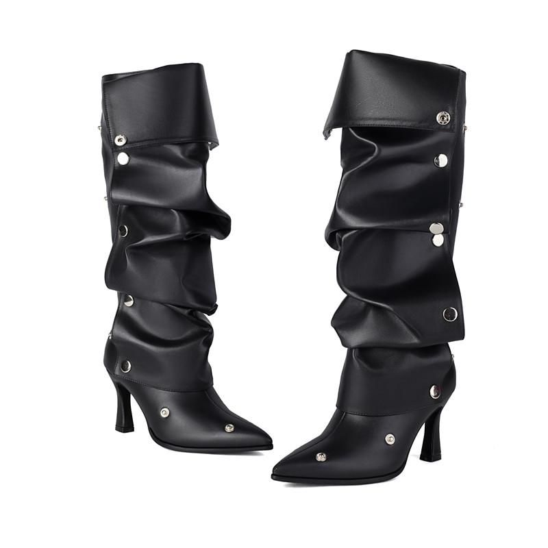 

Жіночі чоботи на високому каблуці сексуальні в європейському стилі осінь і зима нові гострі тонкі каблуки чоботи великого розміру до середини ікри 45 чорний