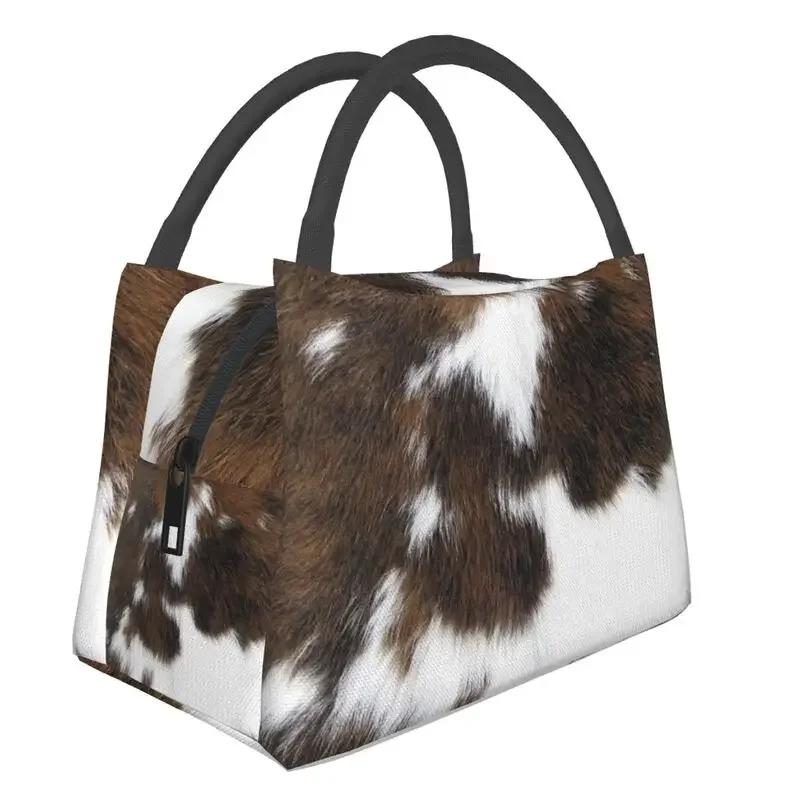 Cowhide Leather 3D Printing Resuable Lunch Box Women Waterproof Animal Fur Texture Thermal Cooler Food Insulated Lunch Bag