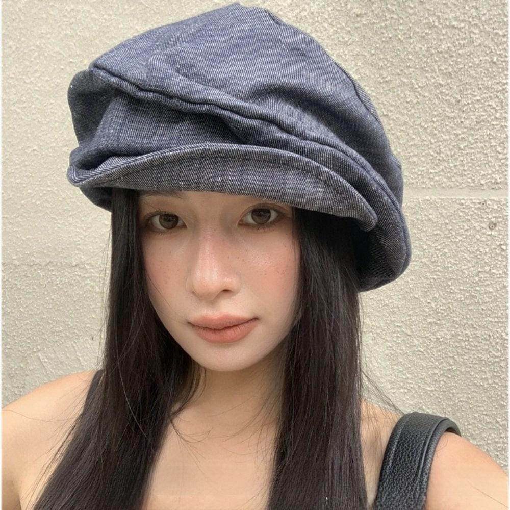 Japanese Octagonal Cap Cloud Pleated Painter Hat Vintage Denim Beret  Girl