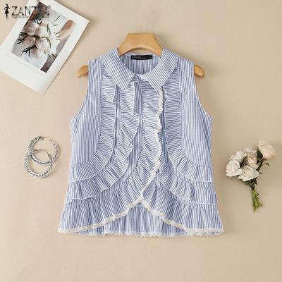 Women Casual Turn Down Collar Stripe Print Loose Sleeveless Ruffles Vest Tops