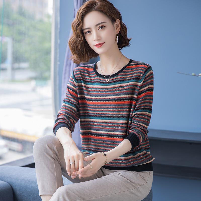 Middle Age Women Striped Knit Sweater Low Round Neck Pullover Casual Blouse