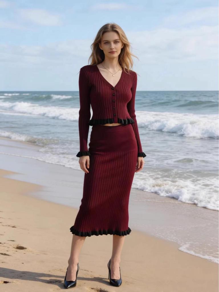 European Chic Autumn/Winter Women's Knit Cardigan & Skirt Set with Elegant French Ruffles