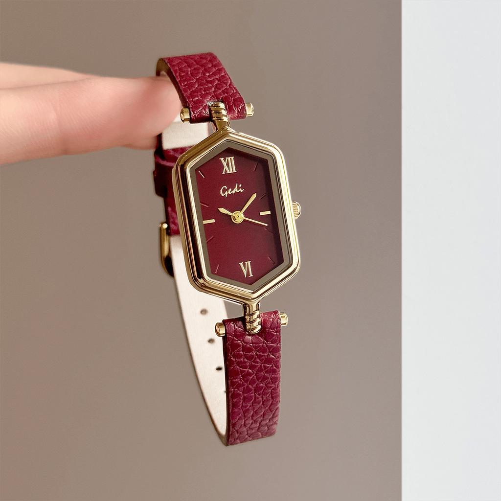 Vintage Hexagon Women Watch Leather Strap Minimalist Roman Numeral Quartz Wristwatch Small Clock Casual Daily Dress Watches