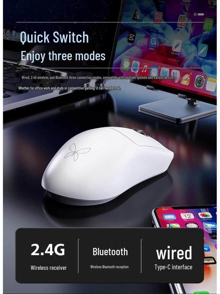 Newmen Butterfly PAW3395 Dual Battery Lightweight Wireless/Wired 2.4G Bluetooth Three-Mode Gaming Mouse