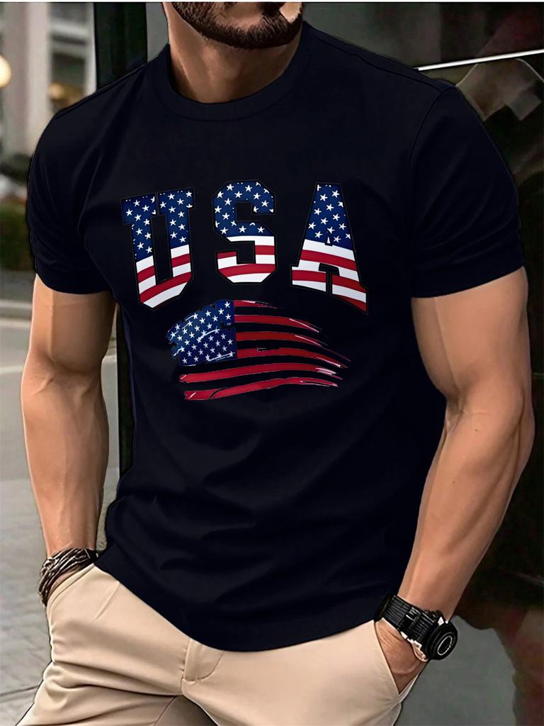 Summer Unisexs 100 Cotton Casual Fashion American Flag Pattern Printed Loose Sport Round Neck Short Sleeve Tshirt