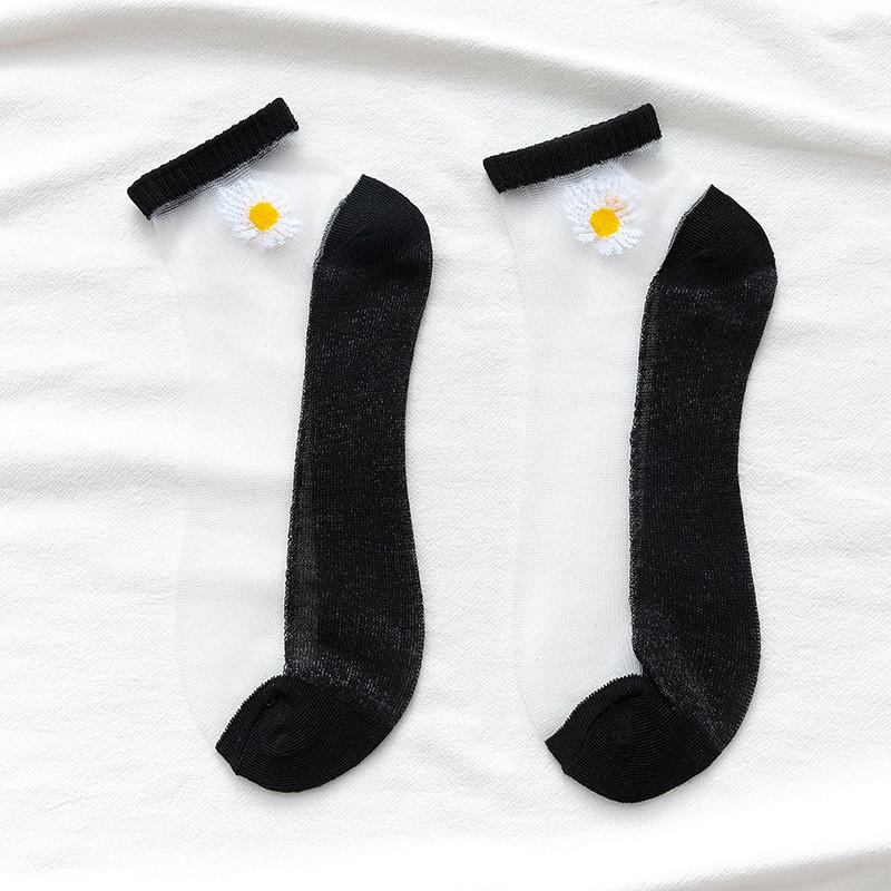 10 Pairs Women White Daisy Flower Short Socks Set Fashion Summer Thin Breathable Candy Color Transparent Crystal Silk Ankle Sock