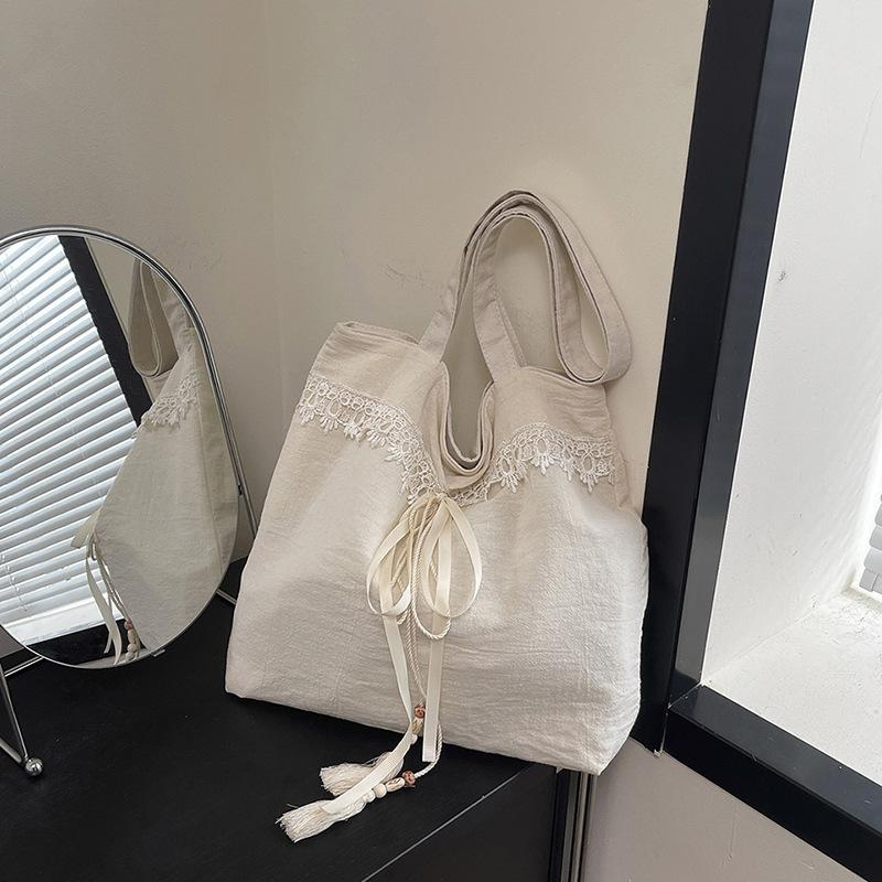 Bow Literary Lace Single Shoulder Armpit Bag Fairy High Value Large Capacity Canvas Bag Tote Bag Handbag