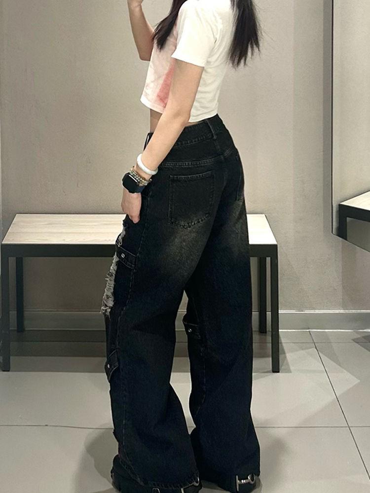 Women's Wide-Leg Ripped Jeans - Y2K Inspired, Loose-Fit, Black/Gray Straight High-Street Style