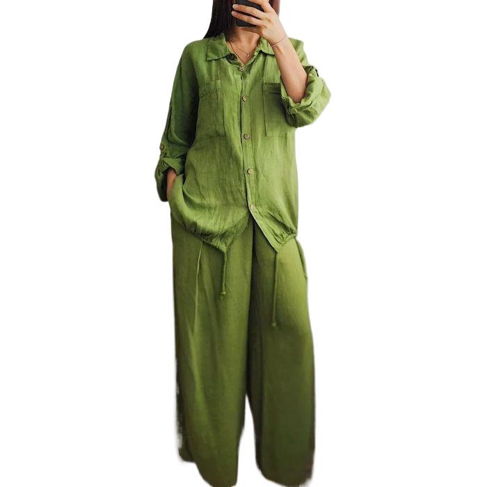 Southeast Asia Plus Size Casual Linen Shirt and Pants Set for Spring/Autumn