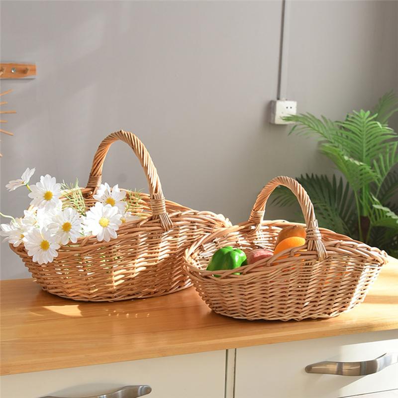 M-Modern-Willow Fruit Picnic Basket Rattan Egg Basket Kitchen Storage Basket Bamboo Portable Vegetable Basket Storage Basket