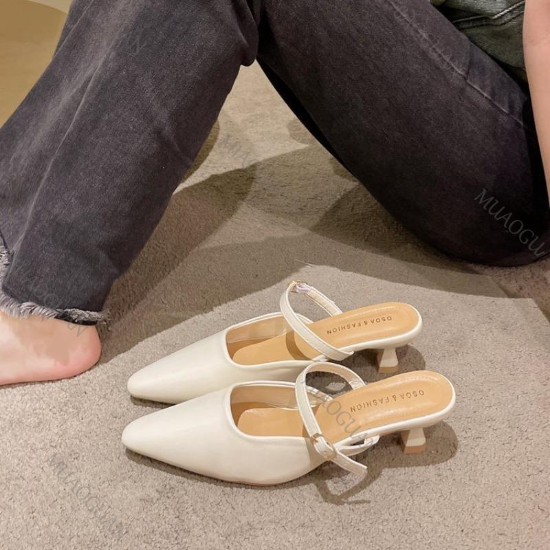 Fashion 2025 Spring Summer New Baotou Half Slippers High-heeled Shoes Fashion Shallow Mouth Elegant Mules Solid Color Slipper Sandals