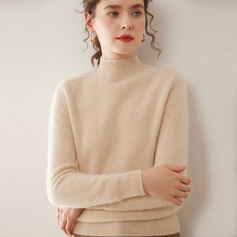 Women's Heavyweight Cashmere Half-High Collar Knit Sweater with Saddle Shoulders