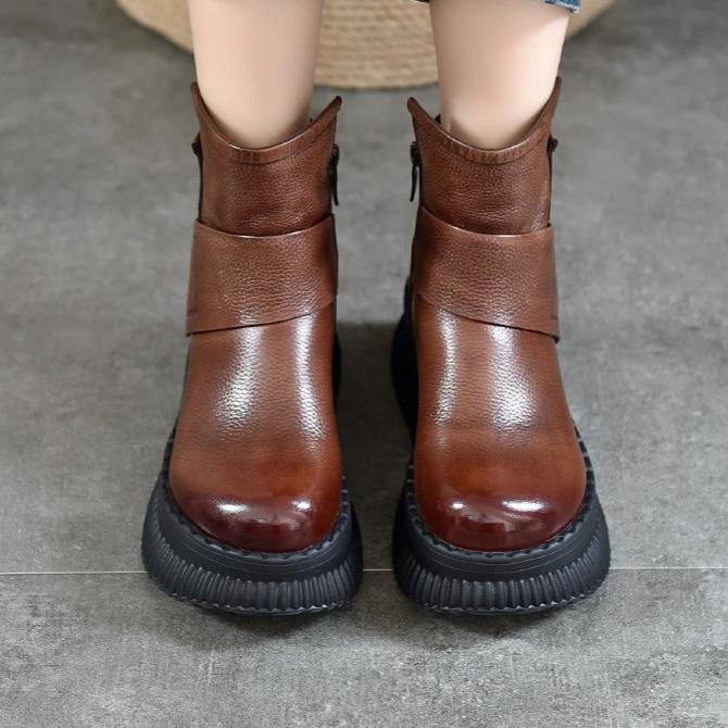 Johnature Plush Genuine Leather Women's Cotton Boots Casual Side Zipper Thick Soled Wedges Short Boots