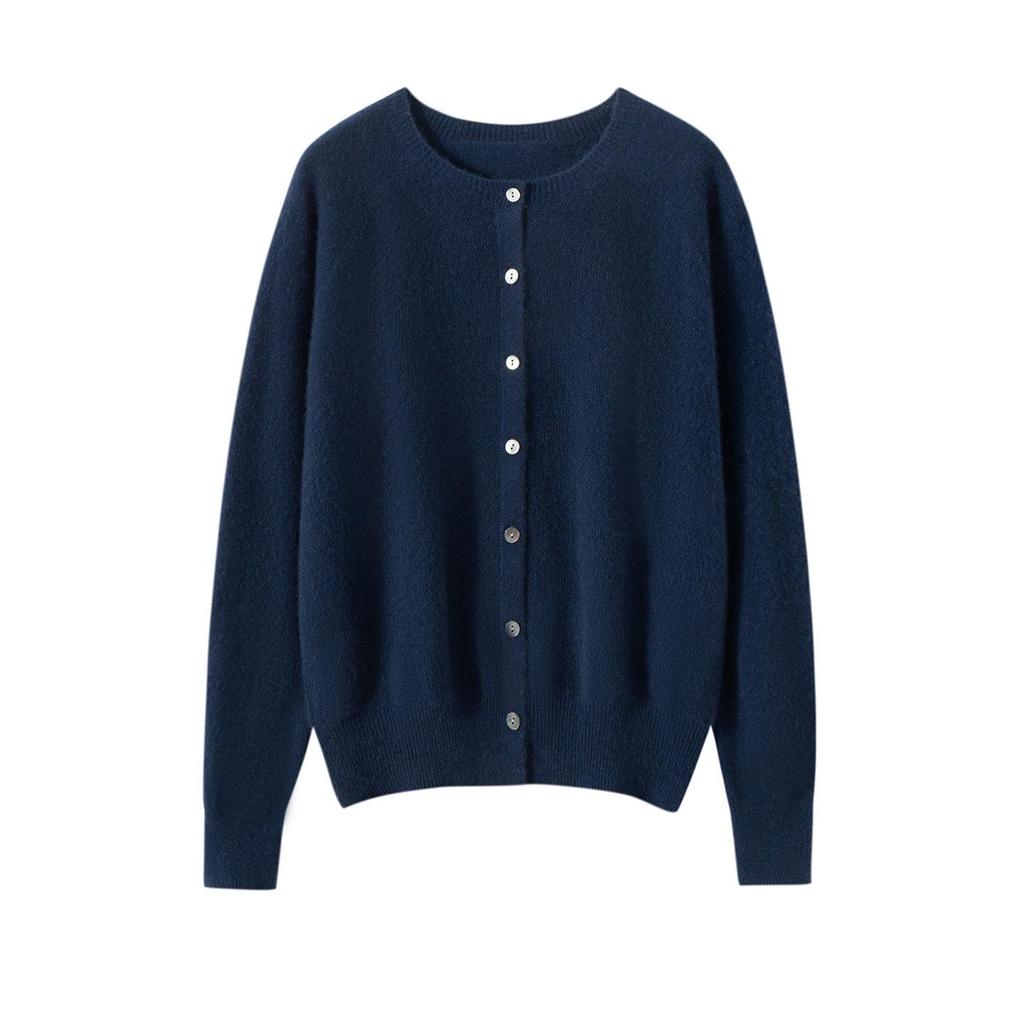 Women's Pure Cashmere Round Neck Cardigan - Autumn/Winter Loose Fit, Solid Color Knitted Sweater Coat