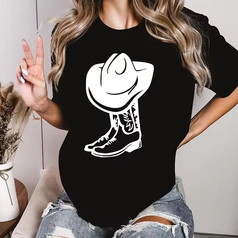 Cowboy Hat Boots Graphic T-Shirt Vintage Western Country Style Short Sleeve Tee Casual Crew Neck Loose Fit Top for Women