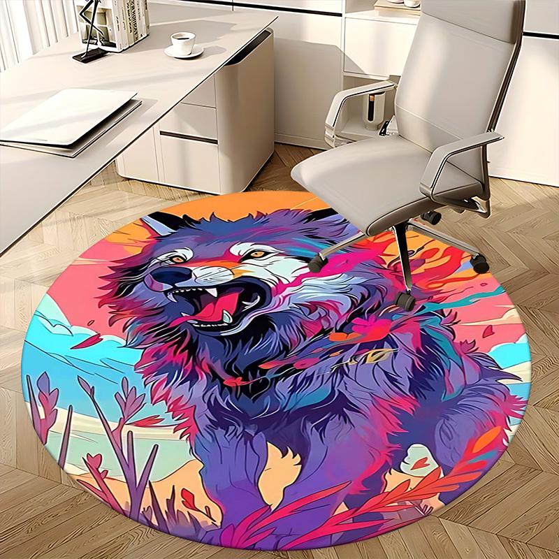 1pc Anime Wolf Round Carpet Office Chair Mat, Non Slip Rug for Home Decor, Gift, Office, Living Room, Bedroom