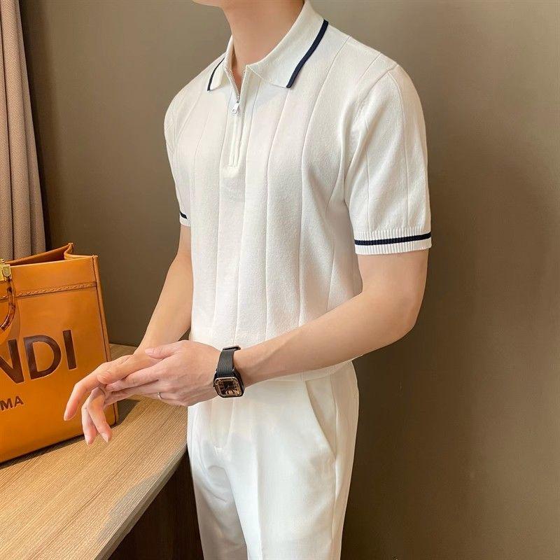 Men Summer Vintage Half Zipper Polo Collar Knitted T Shirt Simple Business Casual Short Sleeve Slim Pullover Tops