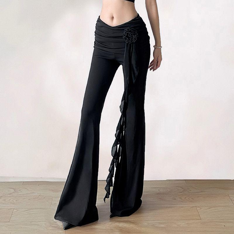 WHATIWEAR Modern Retro Style Three-dimensional Flower High Waist Micro-flare Trousers Streamer Slim Fit Casual Pants for Women