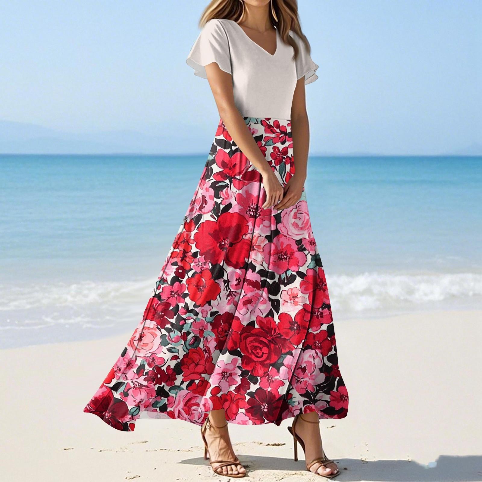 

Женские летние платья Повседневный сарафан Свободные платья с V-образным вырезом и струящимися оборками с короткими рукавами L винный