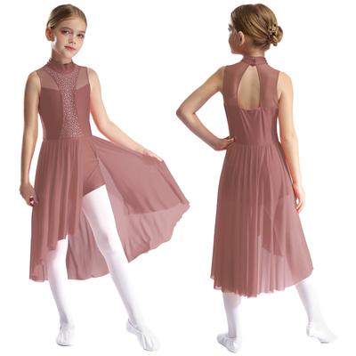 Mädchen Glänzendes Eiskunstlaufkostüm Stehkragen Ärmellos Ausschnitt Rücken Seitenschlitz Asymmetrischer Saum Kleid