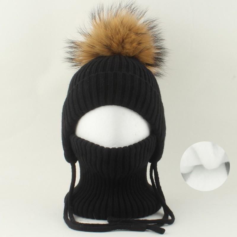 Kids Warm Knitted Hat With Faux Raccoon Fur Pom Matching Scarf Set Winter Cap Boys Girls