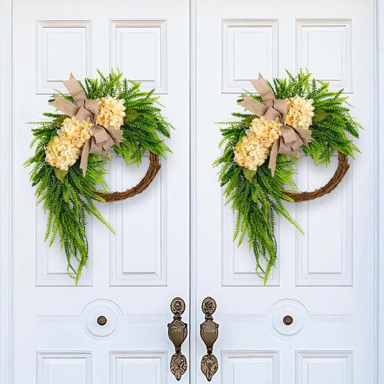 Artificial Hydrangea Wreath for Front Door 16 Inch Lifelike Floral Wreath with Burlap Bow for Door Wall Wedding Party Home Farmhouse Decoration
