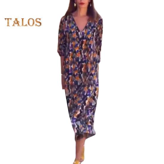 

Женское платье осень-весна с V-образным вырезом и рукавами-фонариками три четверти, свободное платье-миди в стиле ретро для поездок на работу и свиданий XL