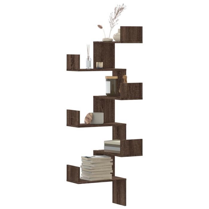 VidaXL Étagère d'angle murale chêne marron 45x45x147cm bois ingénierie, étagère d'angle, étagère suspendue, étagère murale 852642