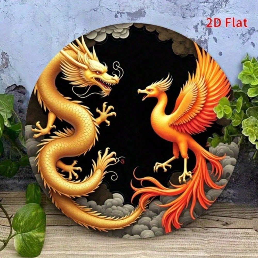

Vintage Round Metal Sign Dragon Phoenix Wall Art Home Decor 20x20 разноцветный