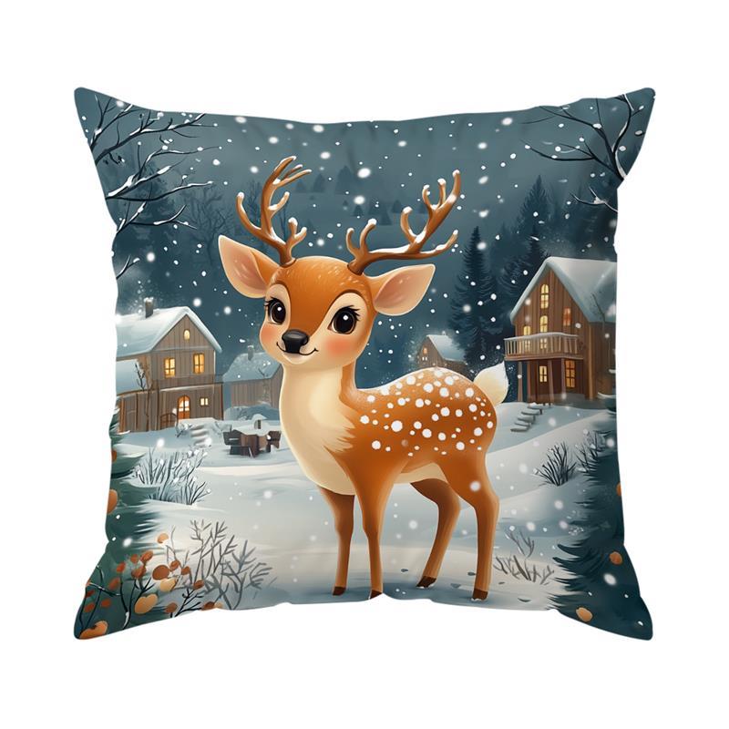 Short Plush Material Pillowcasehome Decor Christmas Scenes: Santa, Deer, Bird, Snowman Pattern Cushion Cover Suitable For Sofa B