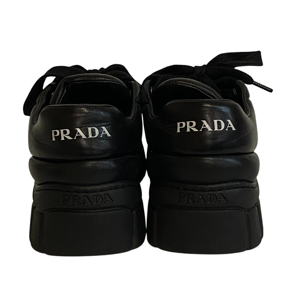 Prada 1E136N Triangle Logo, Triangle, Lace-up, Platform Sole Leather Downtown Sneakers Black Leather Women Used