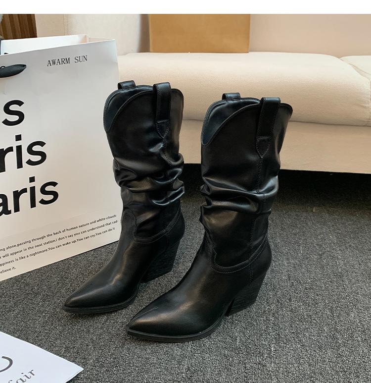 Fashion Womens Mid Calf Boots Designer Pleated Leather Boots Chunky Heel Western Cowboy Boot Pointed Chelsea Boots for Women Knight Boot