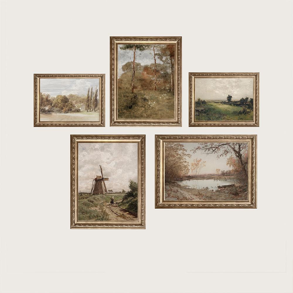Vintage Neutral Gallery Wall Art European Mountain Lake Landscape Poster And Print Nordic Canvas Painting Living Room Home Decor
