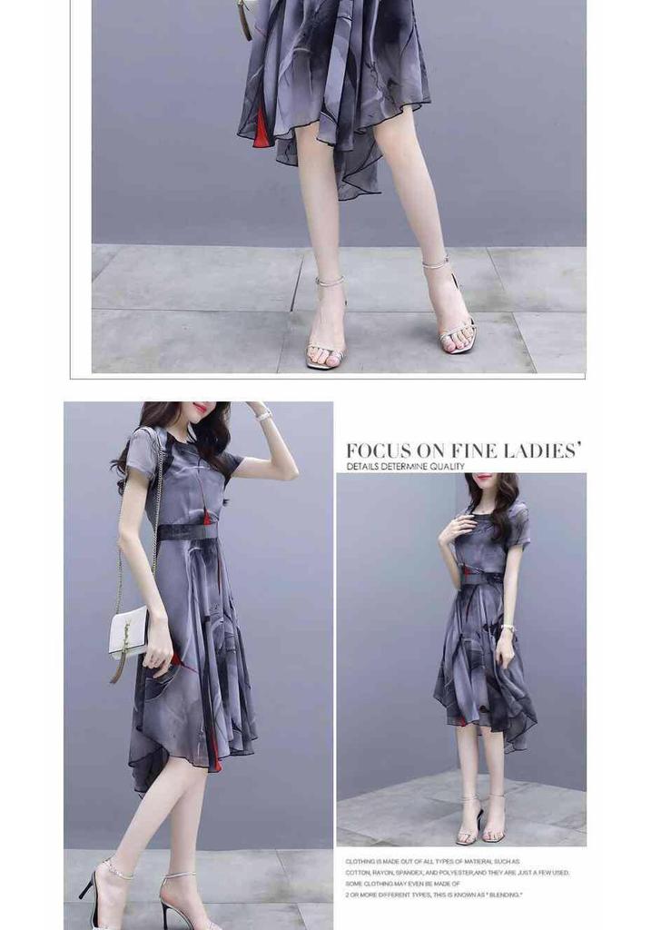 2026 Summer Women's Short Sleeve Chiffon Swallowtail Dress with Korean Print