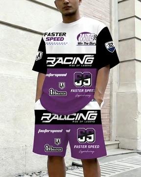 2026 Trendy Men's Casual Wear American Street Fashion Racing Racing Style Contrast Print T-Shirt Set