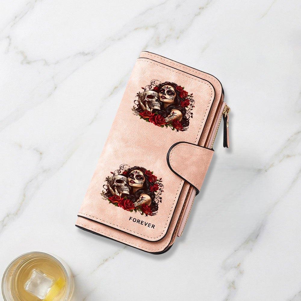 Fashionable long wallet with eye-catching rose and skull art print design. Multifunctional portable coin purse with clasp. Large-capacity zippered