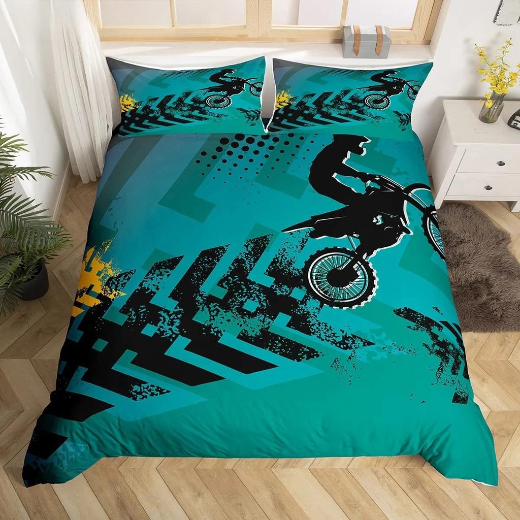 Dirt Bike King Queen Duvet Cover Motocross Sports Bedding Set Motorcycle Quilt Cover Youth Cool Black White Soft Comforter Cover