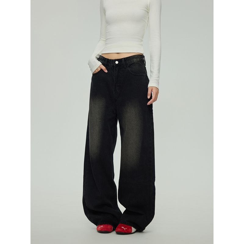 Black of Exit Simple Basic Retro Distressed Trousers Trendy Brand High Street Autumn and Winter New Straight-Leg Jeans