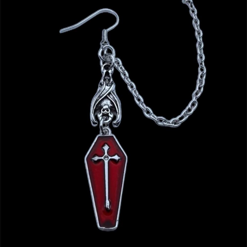 Gothic Sliver Color Bat Red Drip Glaze Coffin Shape Cross Relief Pendant Dangle Earrings Connect Ear Bone Clip for Women Jewelry