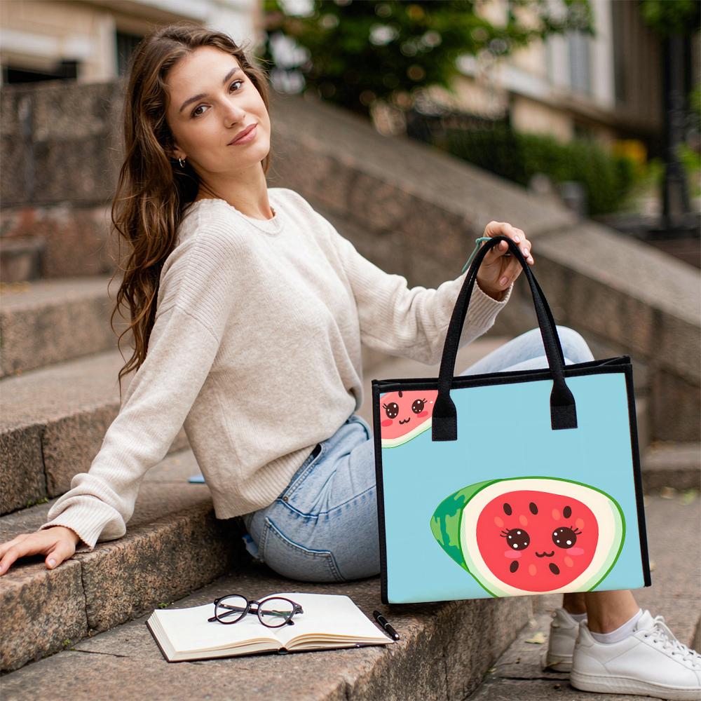Cute Watermelon Print Tote Bag Lightweight Large Capacity Shopping Handbag for Daily Use