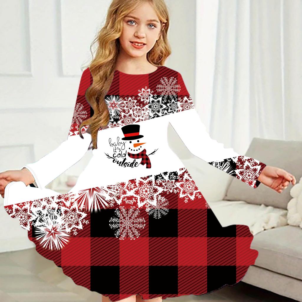 Girl Casual Snowflake Print Round Neck Long Sleeve Dress Kid Princess Dress